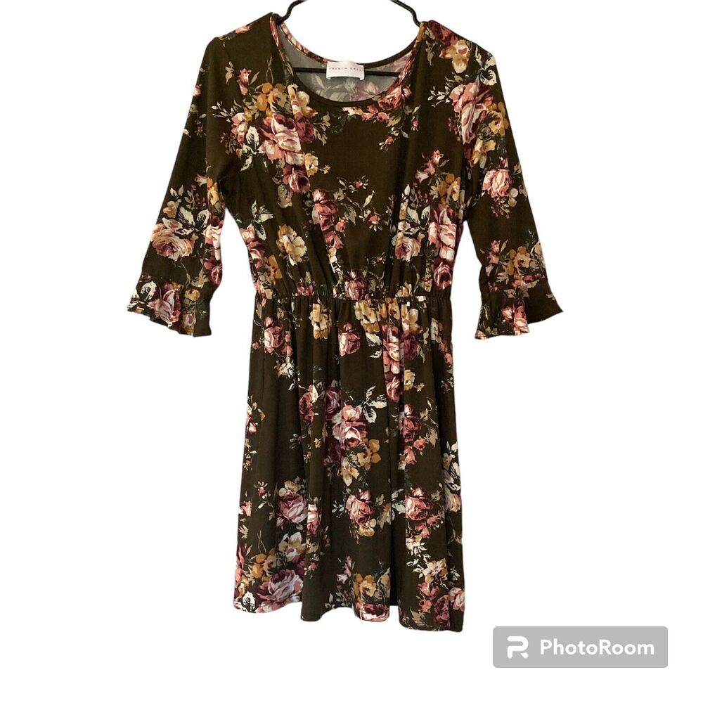 French Grey Womens Dress XL Mini Babydoll Cottage Floral Dark Olive Green USA